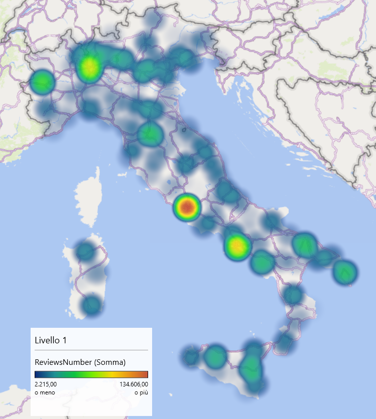 Distribuzione geografica delle recensioni associate alle schede con rating 5